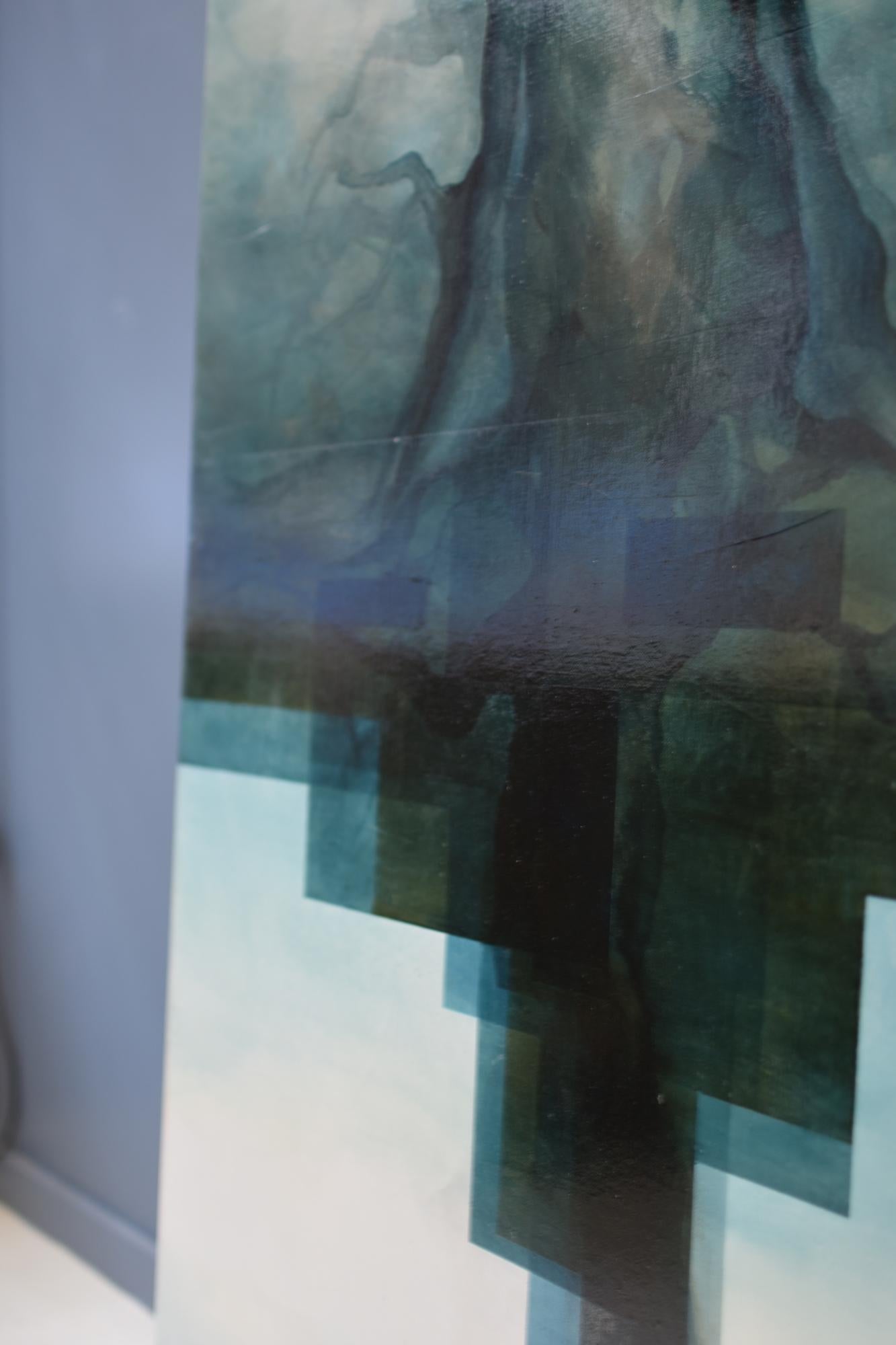 Neon God II von Joachim van der Vlugt - Halbabstrakte Malerei, Blautöne, Baum im Angebot 11