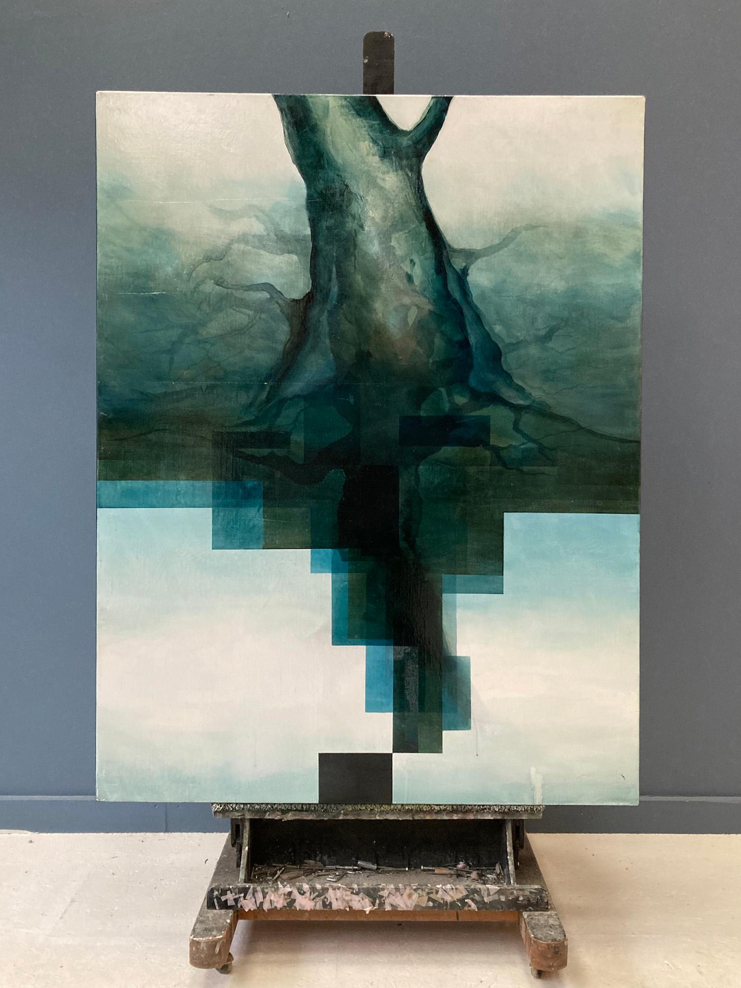 Neon God II di Joachim van der Vlugt - Quadro semi-astratto, toni blu, albero in vendita 1