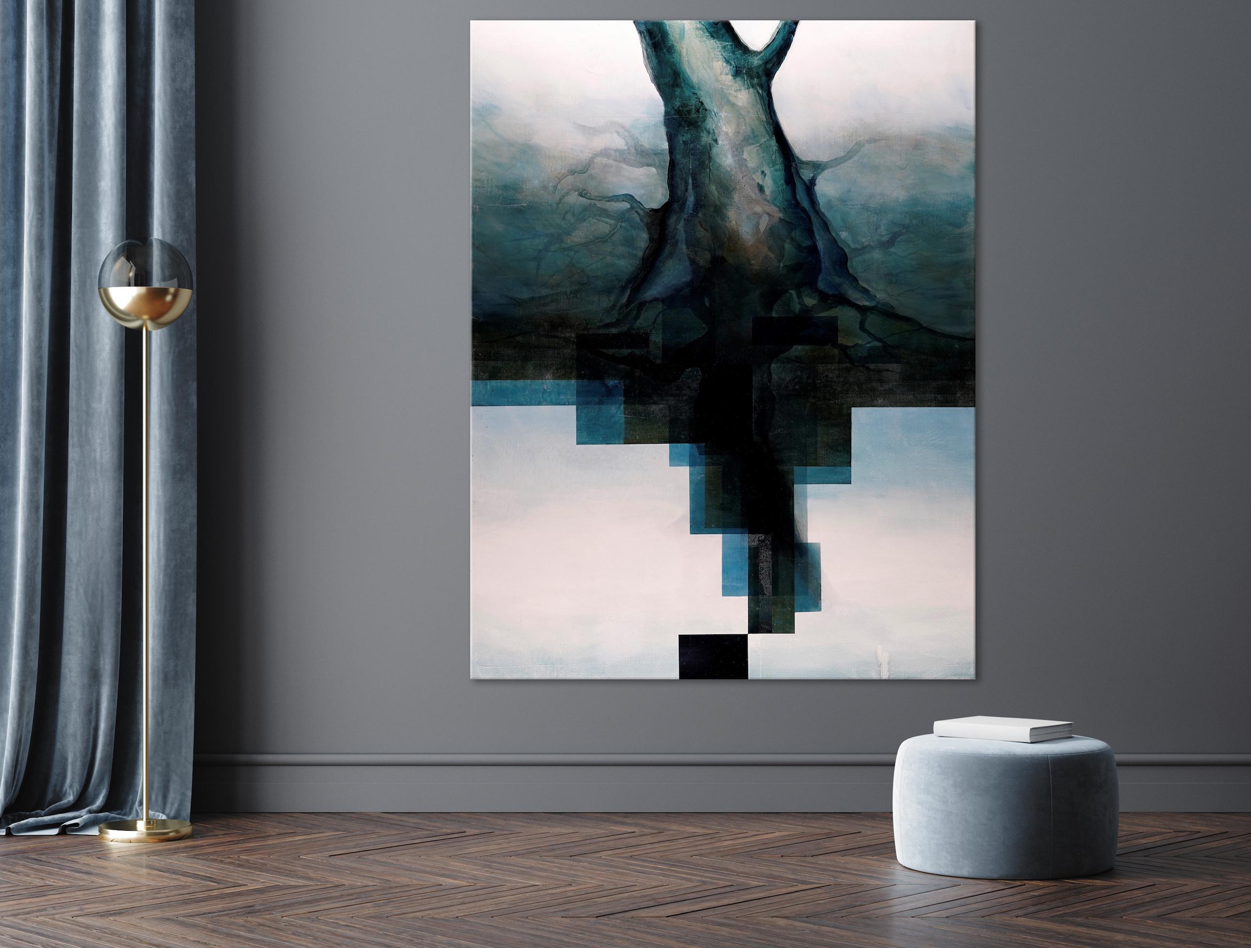 Neon God II von Joachim van der Vlugt - Halbabstrakte Malerei, Blautöne, Baum im Angebot 2