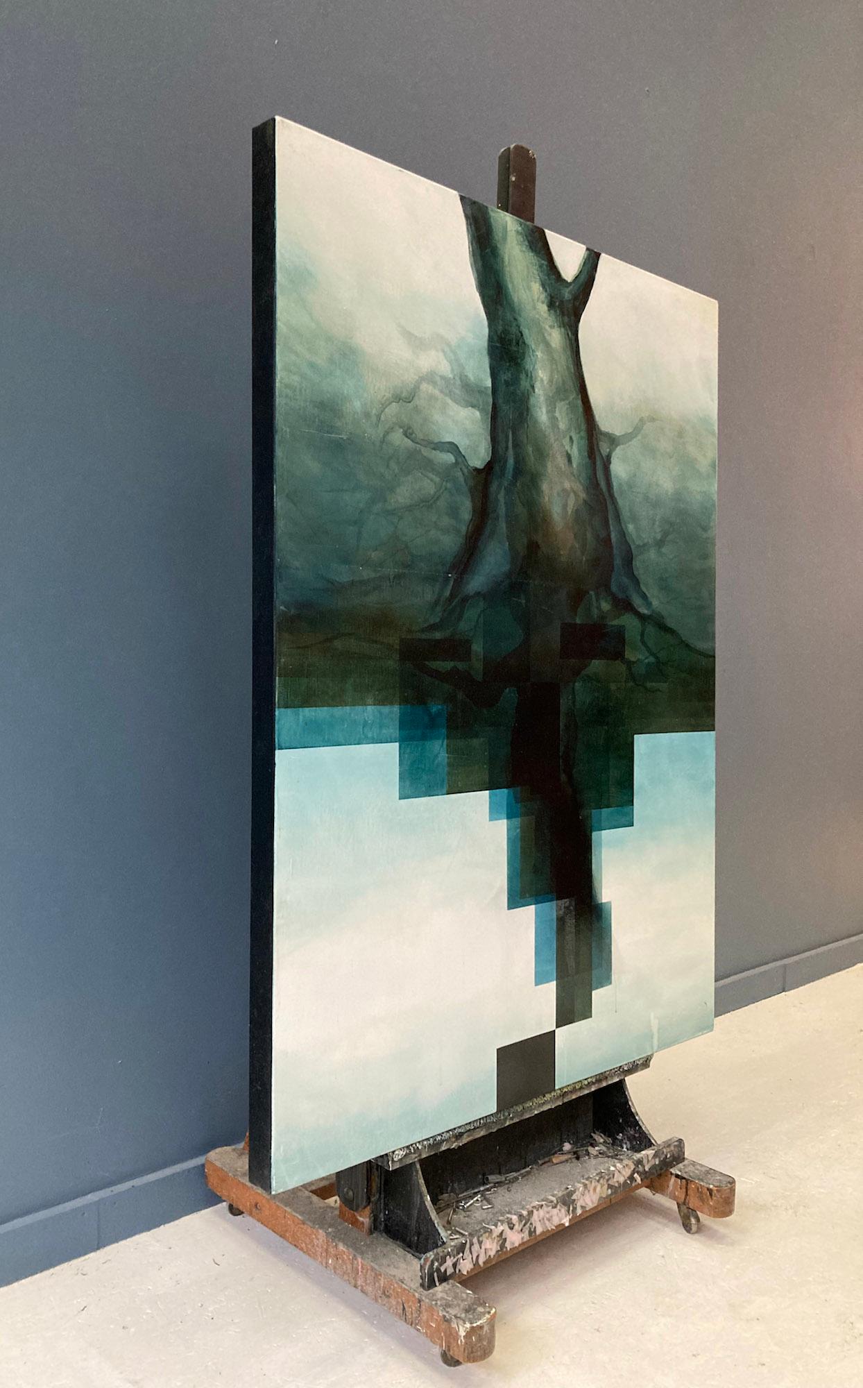 Neon God II von Joachim van der Vlugt - Halbabstrakte Malerei, Blautöne, Baum im Angebot 3