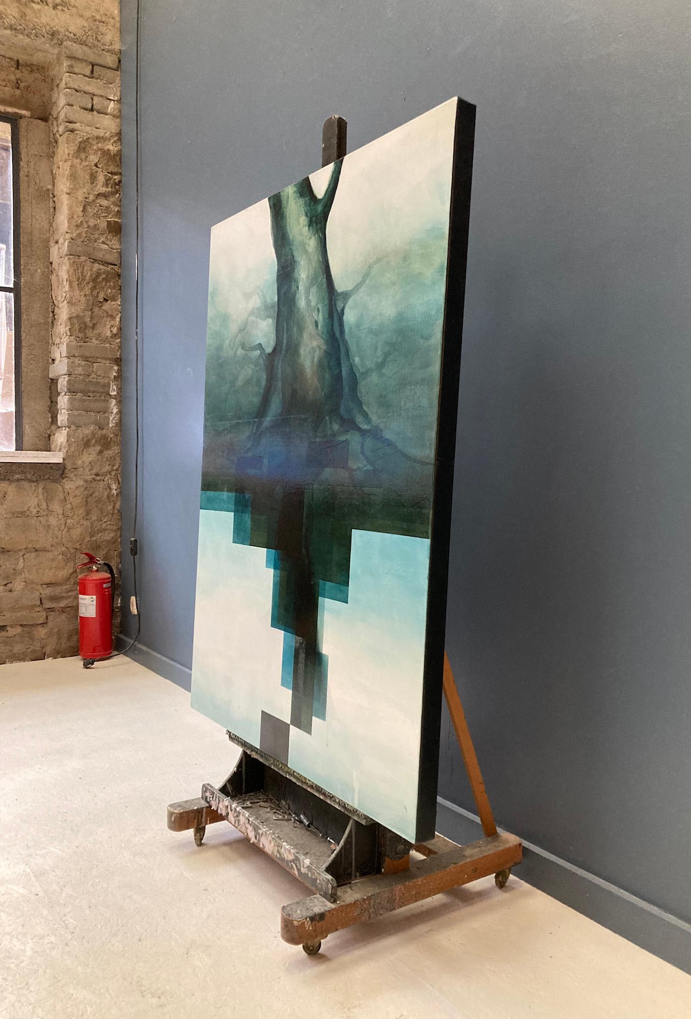 Neon God II von Joachim van der Vlugt - Halbabstrakte Malerei, Blautöne, Baum im Angebot 4