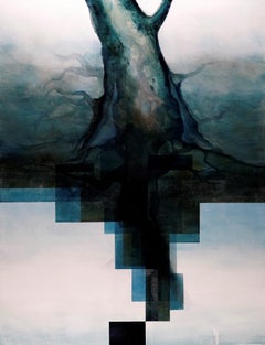 Neon God II by Joachim van der Vlugt - Semi-abstract painting, blue tones, tree