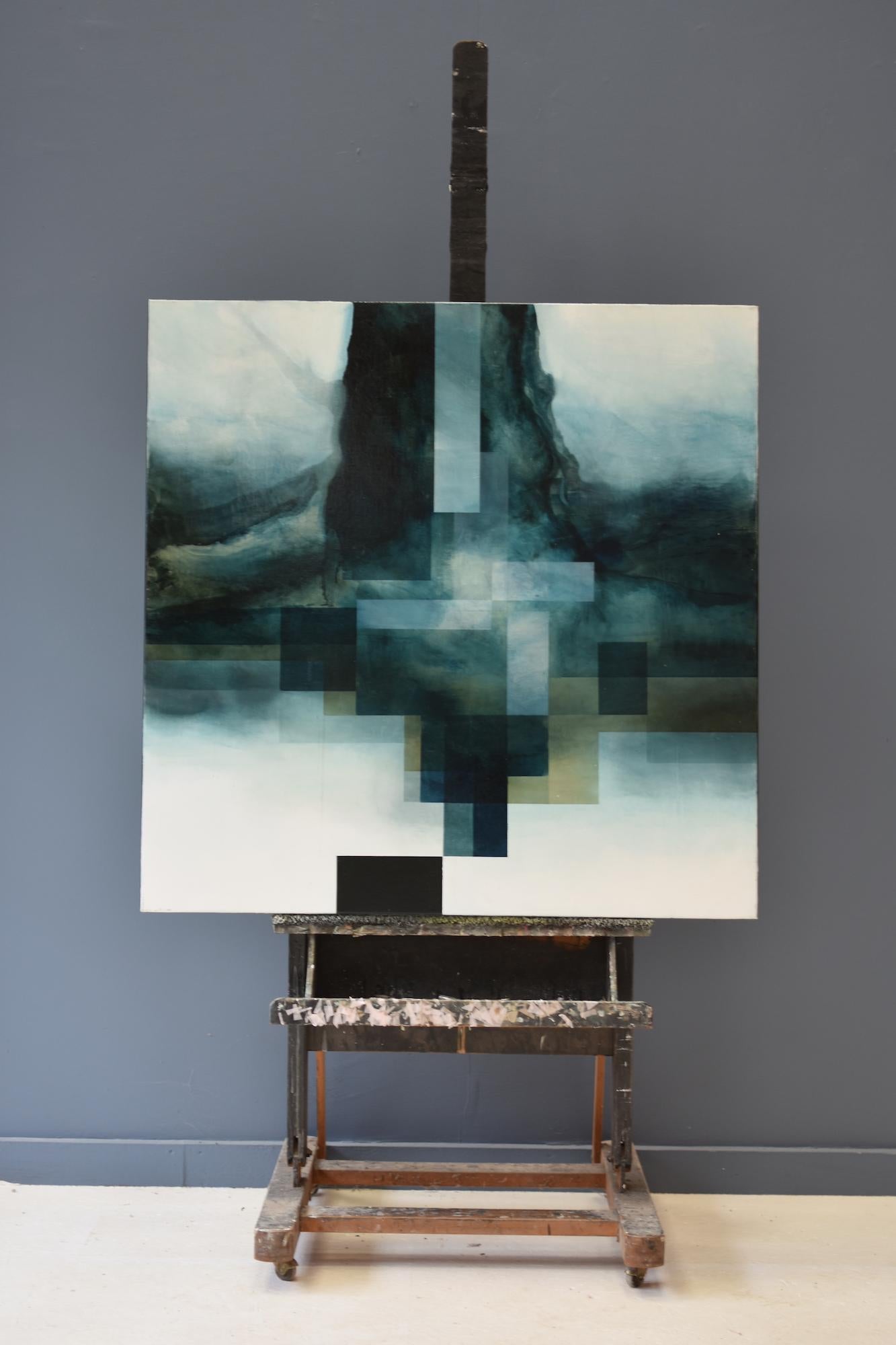 Neon God III by Joachim van der Vlugt - Semi-abstract painting, blue tones, tree For Sale 1