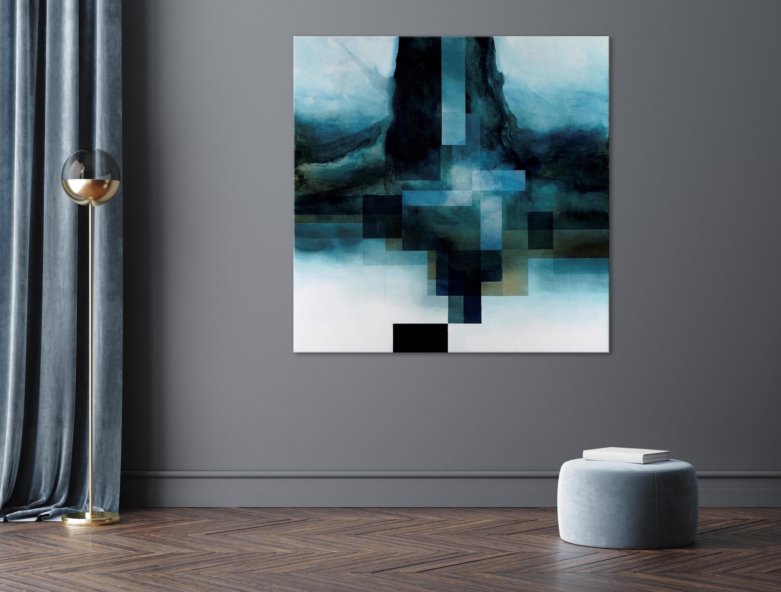 Neon God III by Joachim van der Vlugt - Semi-abstract painting, blue tones, tree For Sale 2