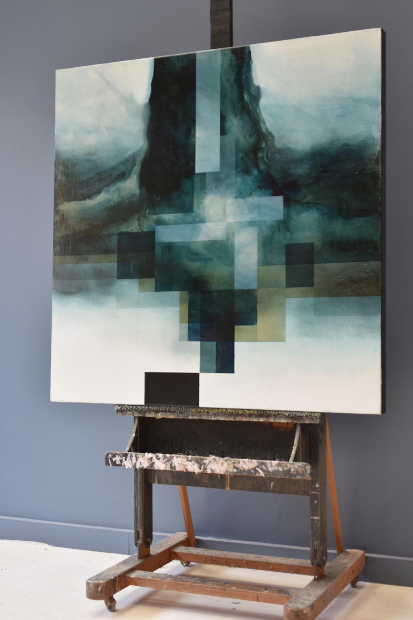 Neon God III by Joachim van der Vlugt - Semi-abstract painting, blue tones, tree For Sale 4