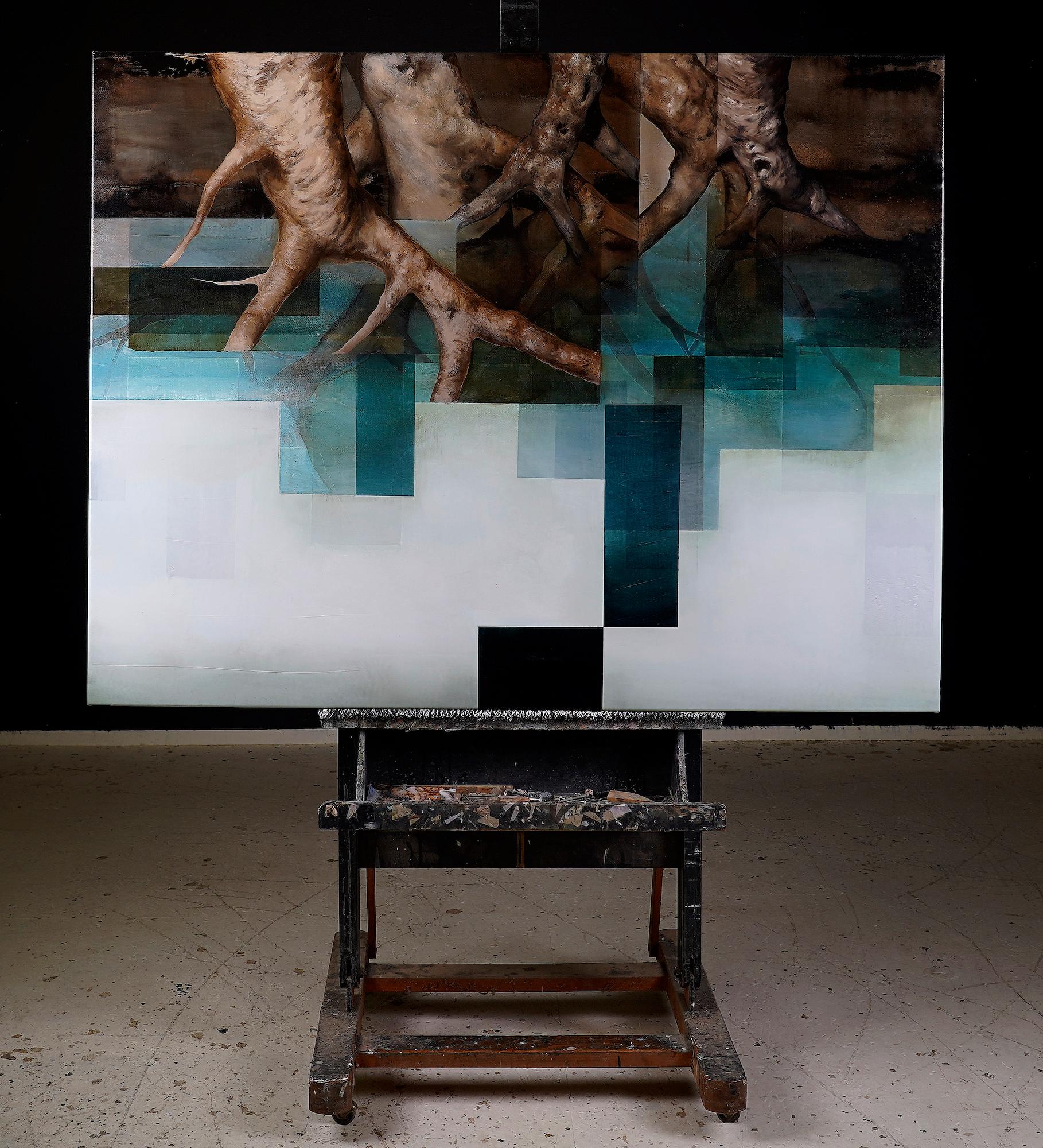 Root III by Joachim van der Vlugt - Semi-abstract painting, blue tones, tree For Sale 1