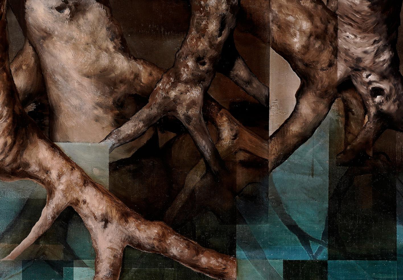 Root III by Joachim van der Vlugt - Semi-abstract painting, blue tones, tree For Sale 8