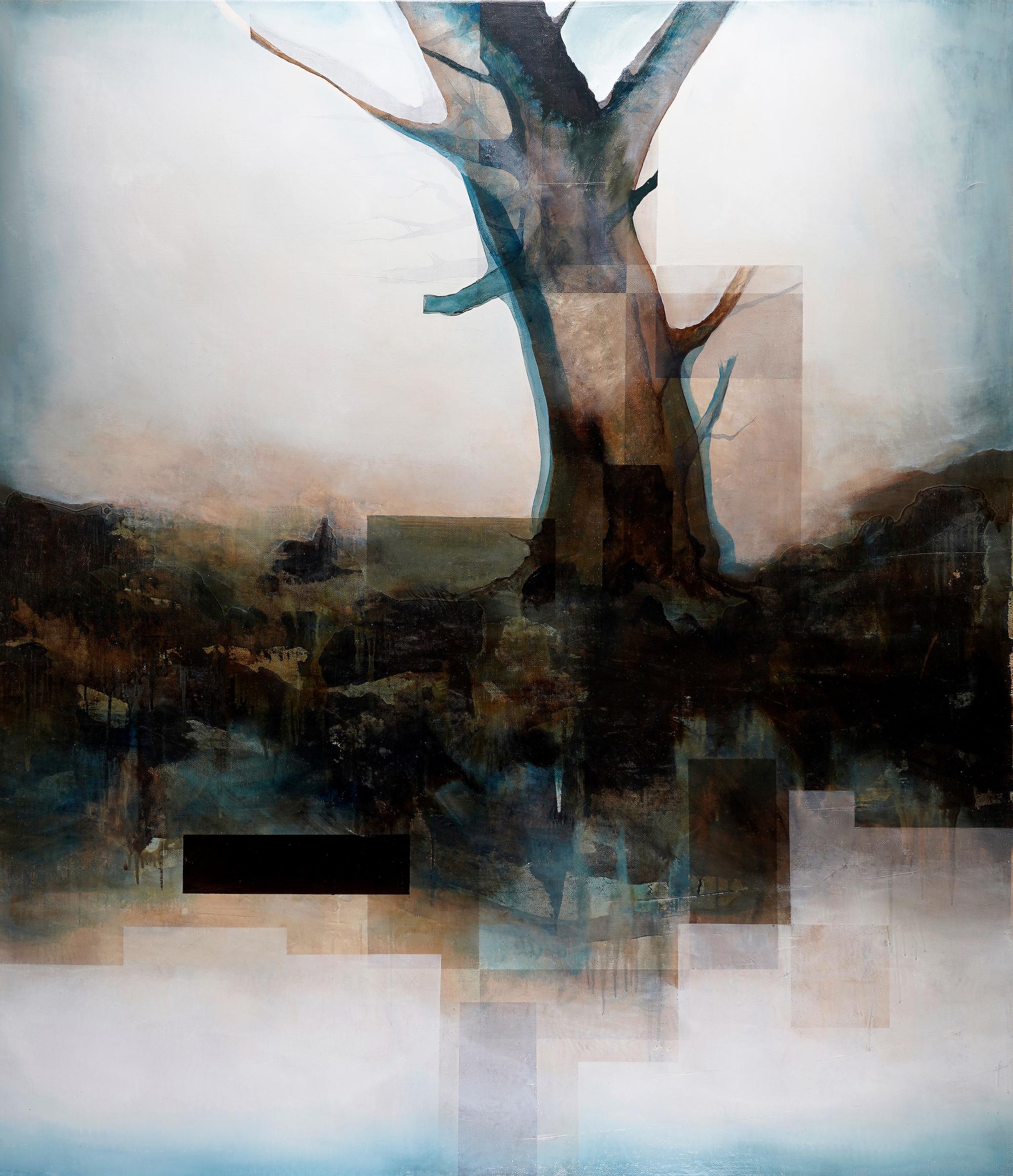 Die Wurzelwurzel IV von Joachim van der Vlugt – halb-abstrakte Malerei, Blautöne, Baum