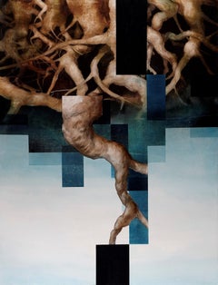 Root IX by Joachim van der Vlugt - Semi-abstract painting, blue tones, tree