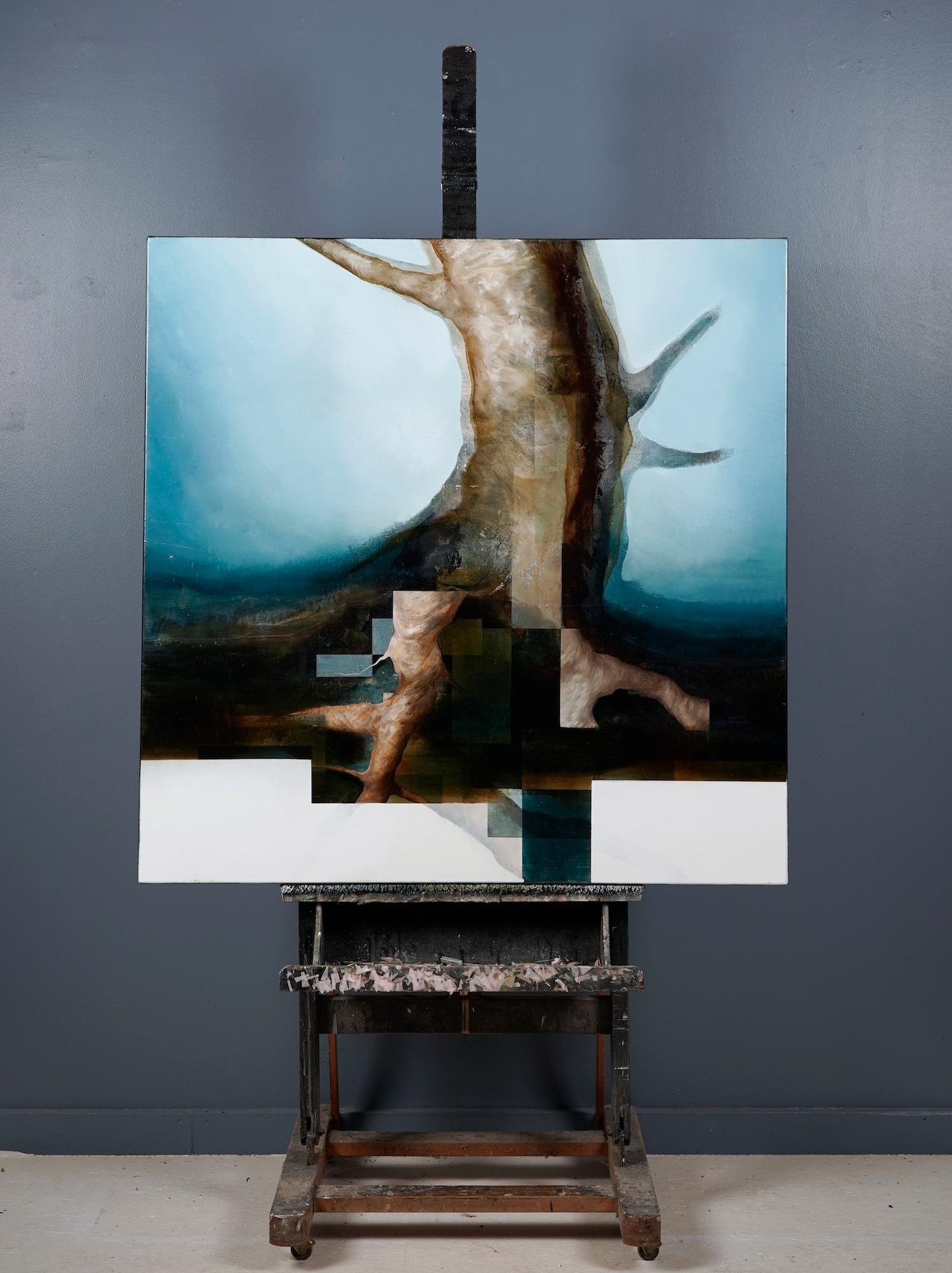 Root VI by Joachim van der Vlugt - Semi-abstract painting, blue tones, tree For Sale 2