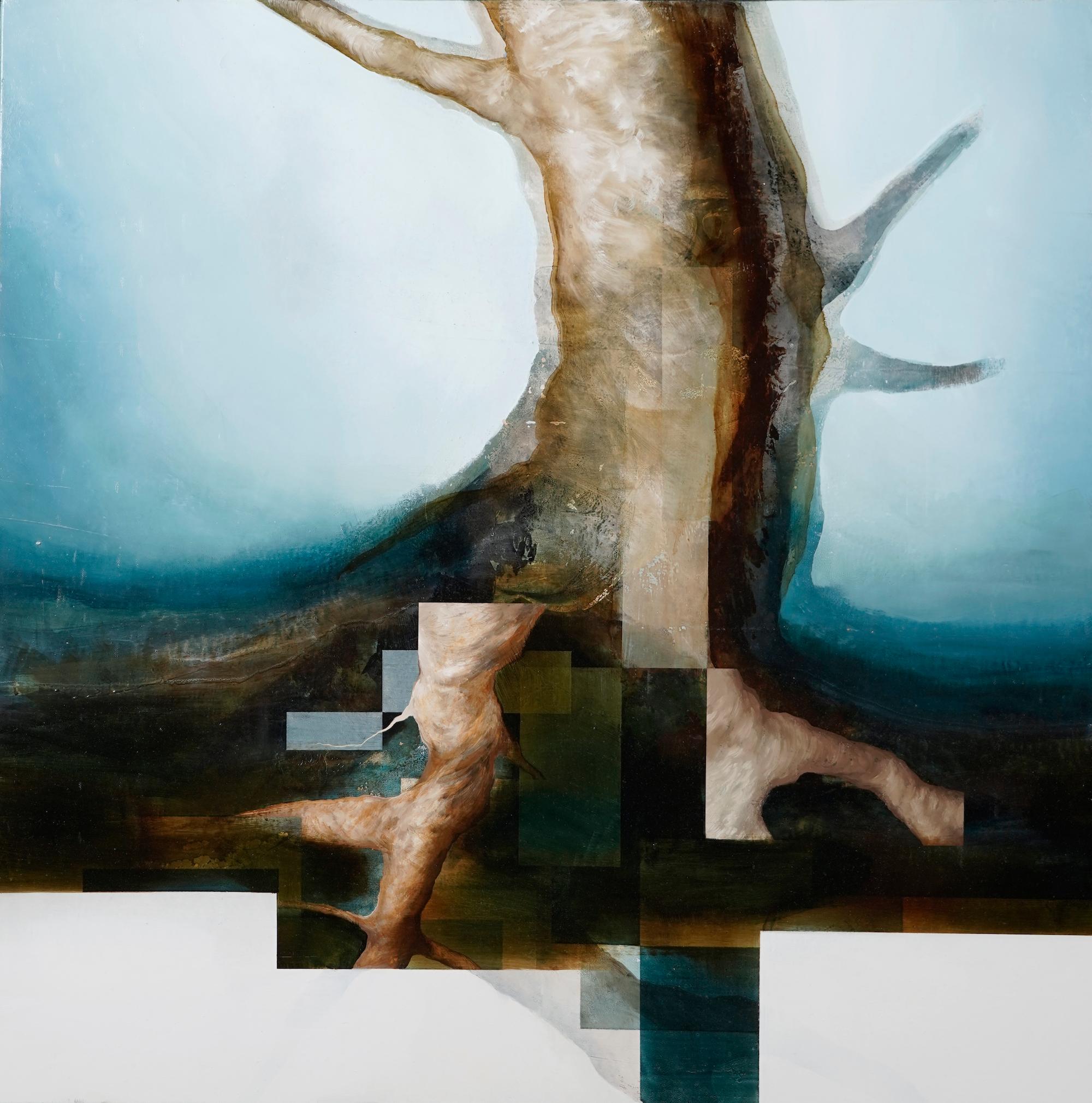 Die Wurzelwurzel VI von Joachim van der Vlugt – halb-abstrakte Malerei, Blautöne, Baum