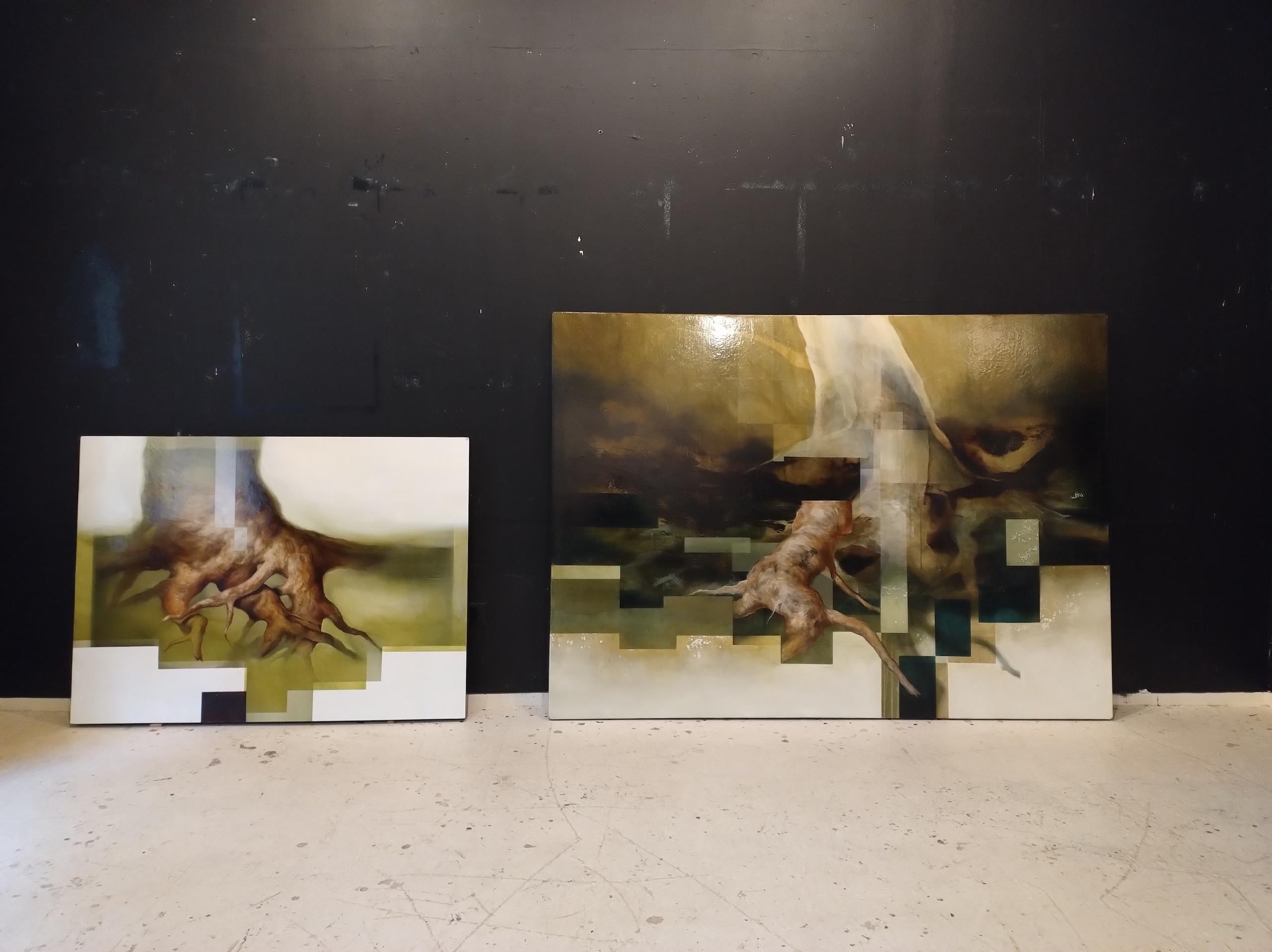 Root VII de Joachim van der Vlugt, peinture semi-abstraite, tons verts, nature en vente 5