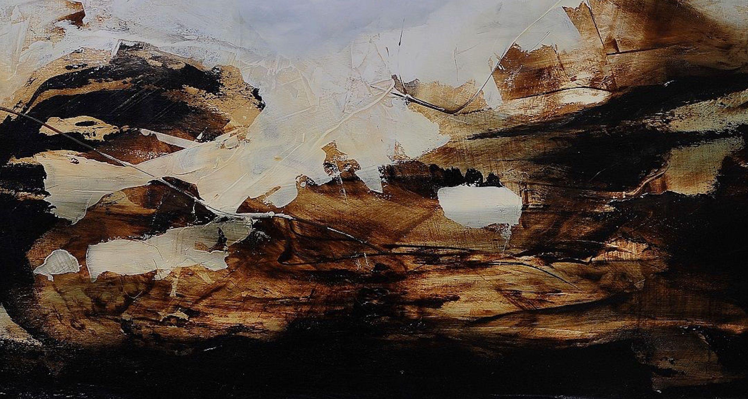 Die Ereignis III von Joachim van der Vlugt – halb-abstrakte Malerei, Grau und Blau im Angebot 2