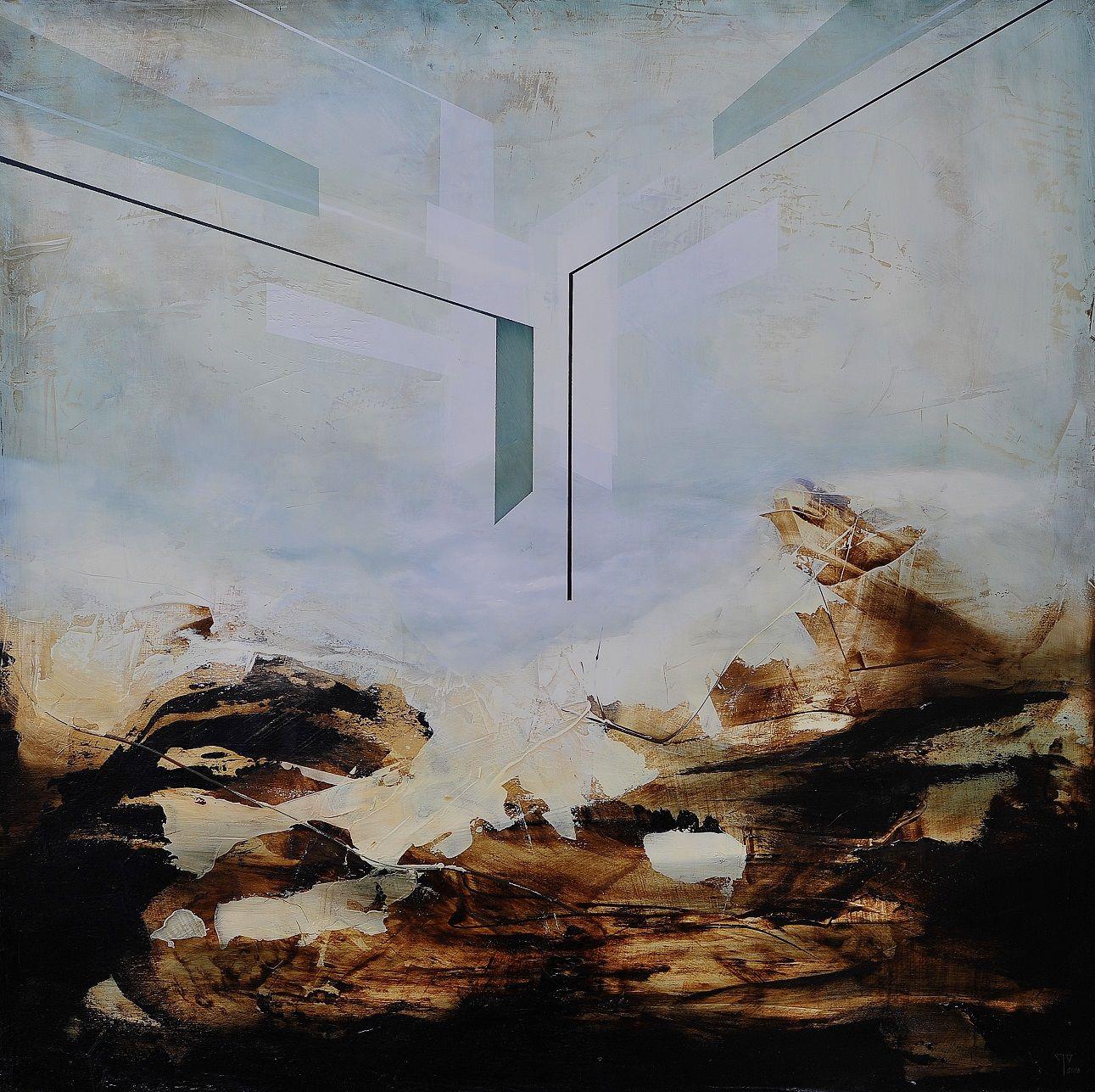 Die Ereignis III von Joachim van der Vlugt – halb-abstrakte Malerei, Grau und Blau