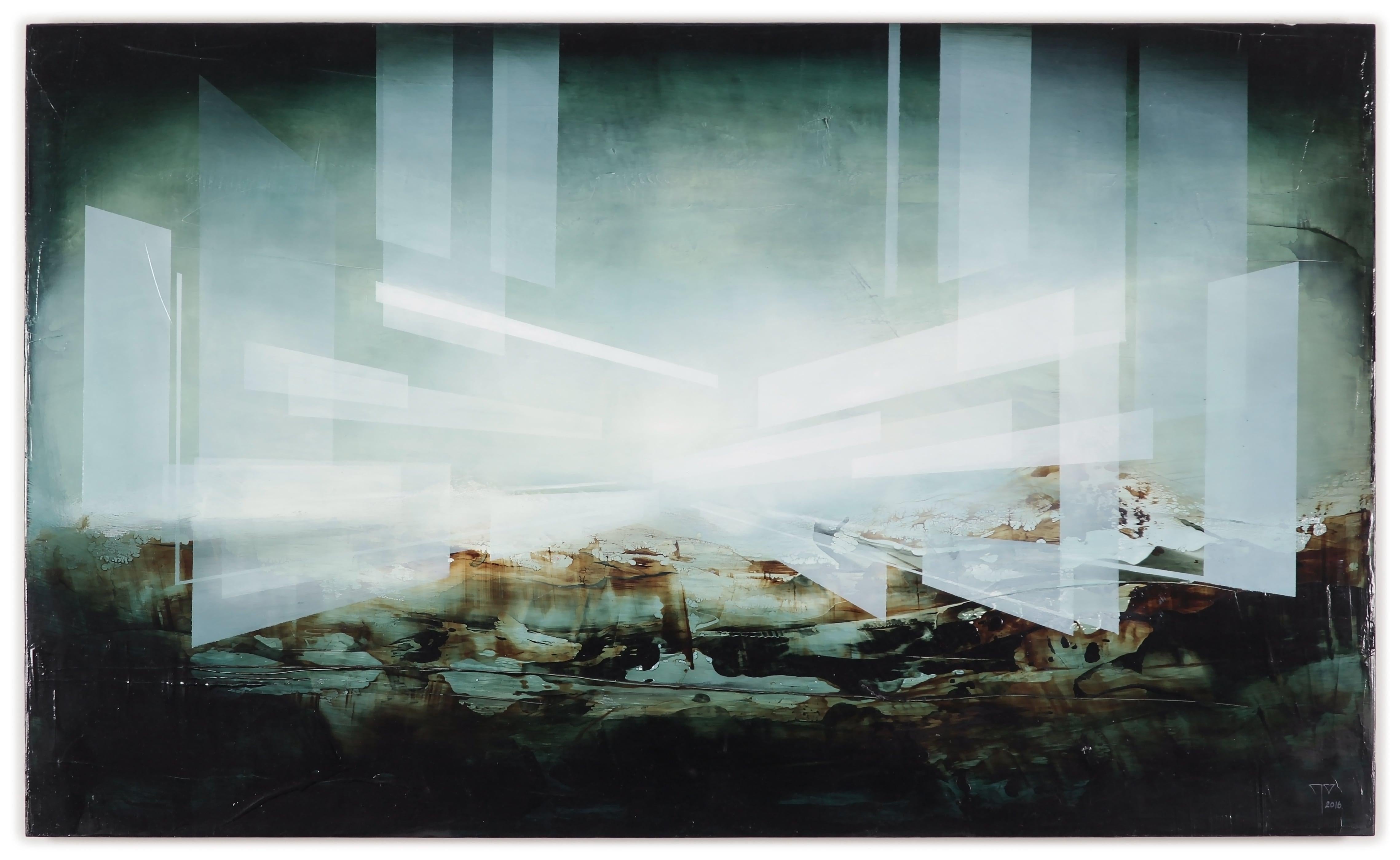 Das Event V ist ein abstraktes Gemälde, das an eine Landschaft des zeitgenössischen Künstlers Joachim van der Vlugt erinnert. Zusammen mit einer freiwillig eingeschränkten Farbpalette und düsteren, schwarzen und weißen, braunen, beigen und blauen