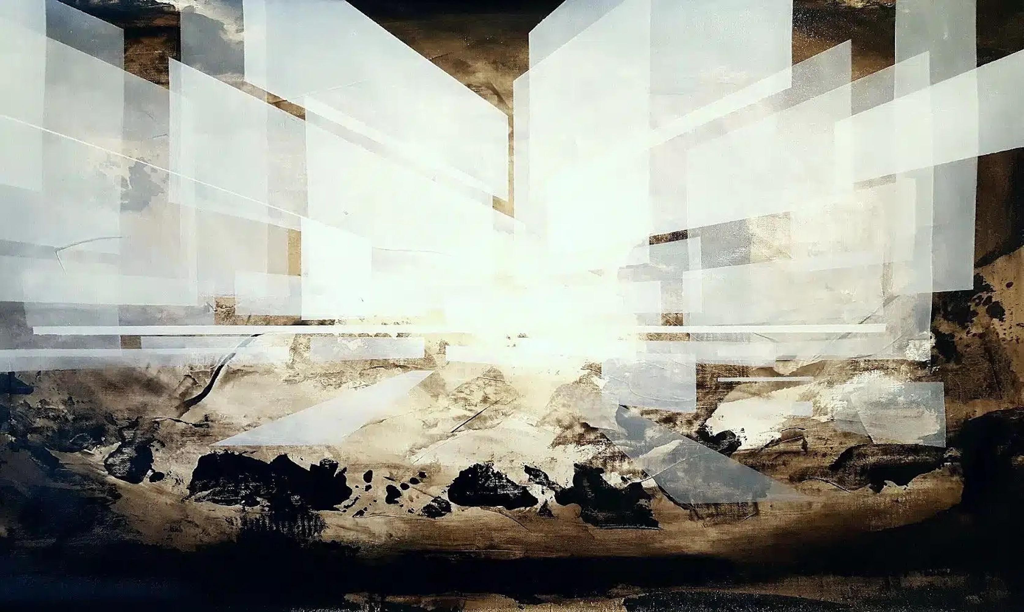 Der Brunnen I von Joachim van der Vlugt – Halbabstrakte Malerei, graue Farbe