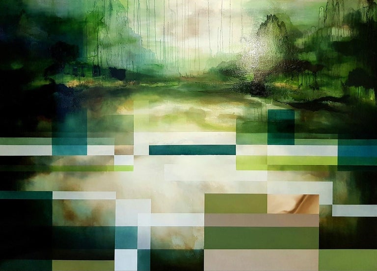 Unchartered II (2020), by contemporary artist Joachim van der Vlugt. Oil on canvas, 130 cm × 170 cm.
Challenging the boundaries between figuration and abstraction, the artist creates compositions that evoke natural landscapes under often cloudy