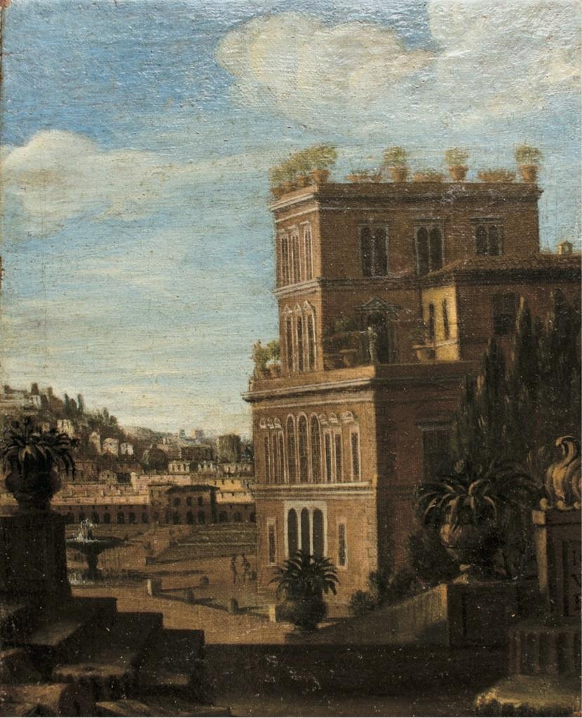 Coppia di vedute di Villa Medici Vascello - Coppia di dipinti a olio - XVII secolo - Painting di Joachim Veit (attr.)