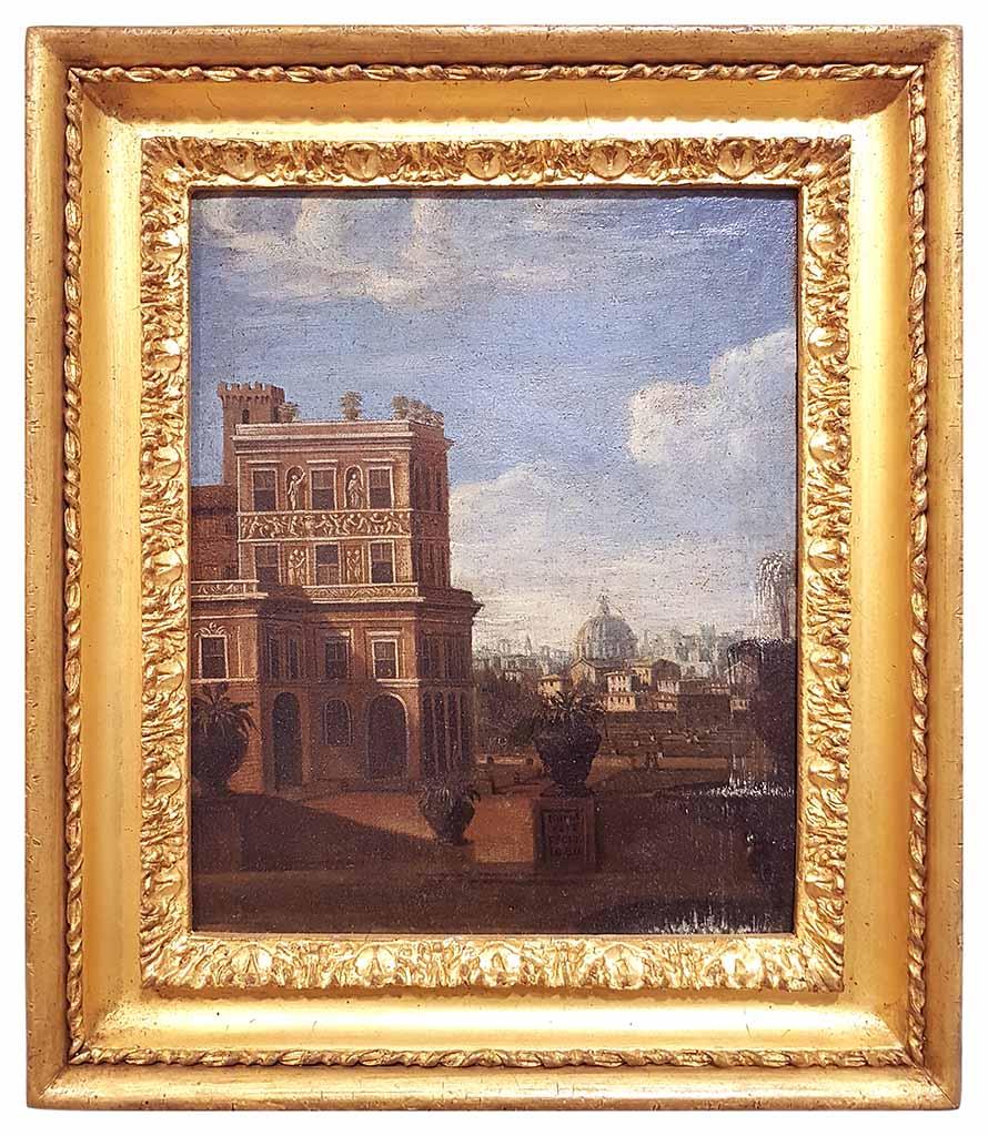 Coppia di vedute di Villa Medici Vascello - Coppia di dipinti a olio - XVII secolo - Painting Moderno di Joachim Veit (attr.)