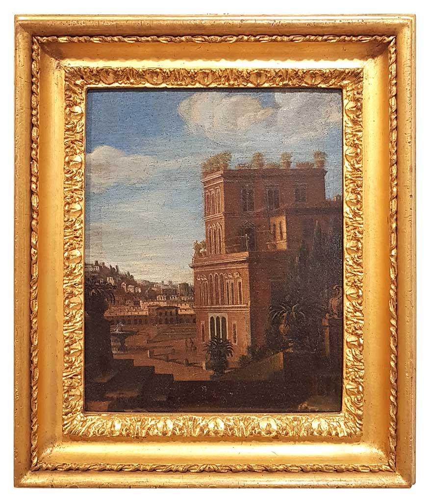 Coppia di vedute di Villa Medici Vascello - Coppia di dipinti a olio - XVII secolo - Landscape Painting Marrone di Joachim Veit (attr.)