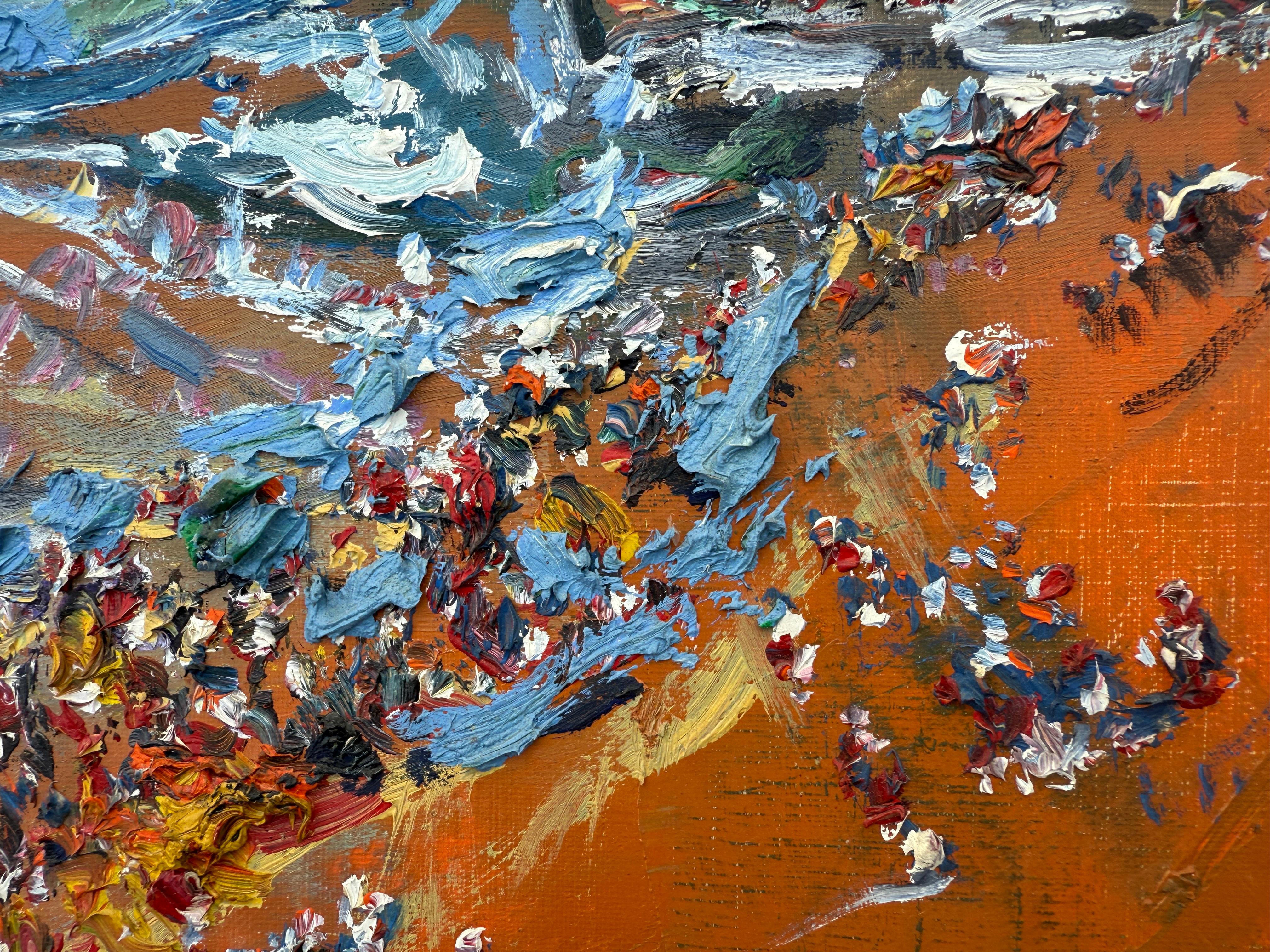 Playa de Sitges Barcelona España paisaje marino mediterráneo pintura al óleo sobre lienzo - Figurative Painting Gris de Joan Abello Prat