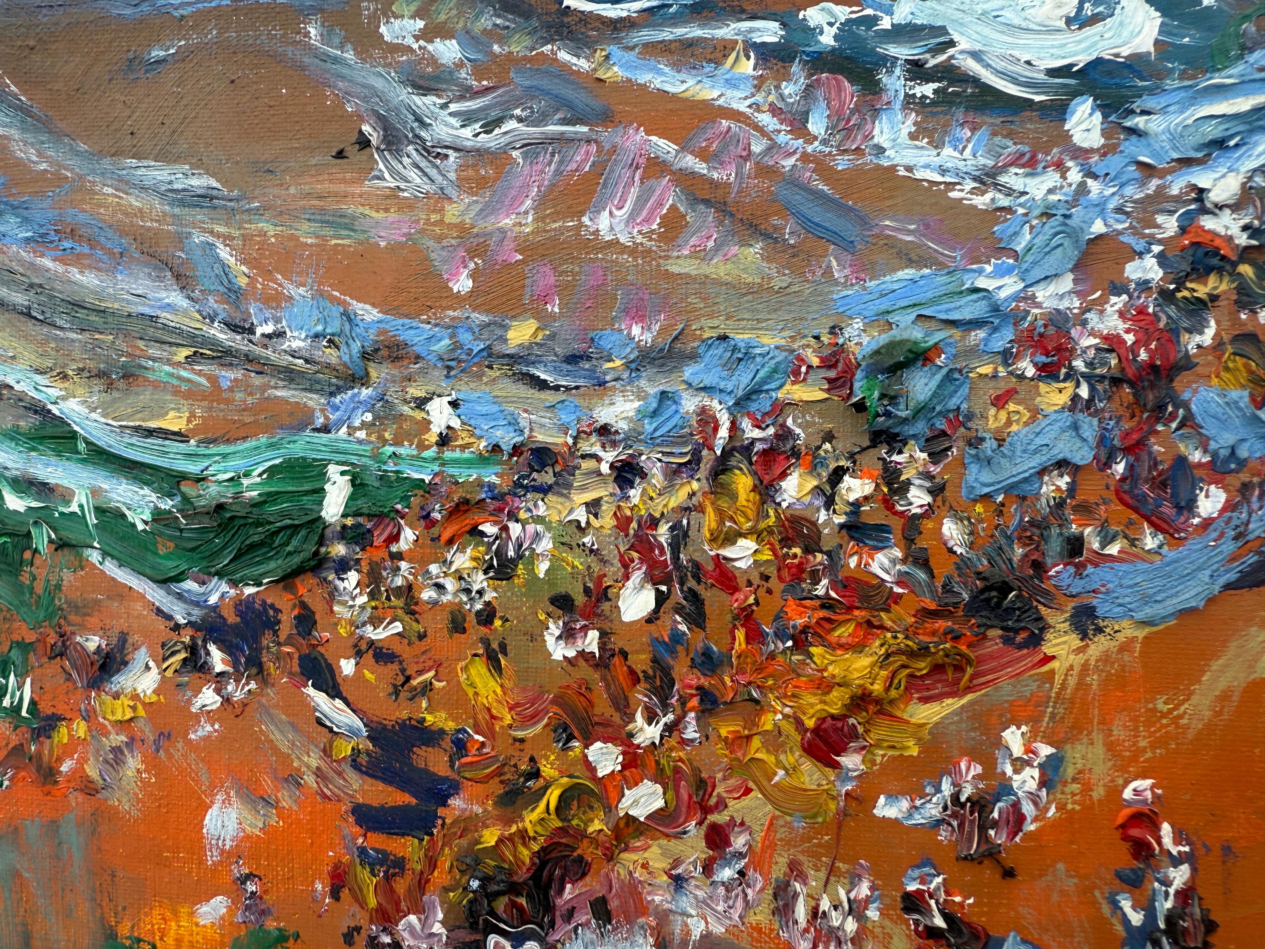 Playa de Sitges Barcelona España paisaje marino mediterráneo pintura al óleo sobre lienzo en venta 2