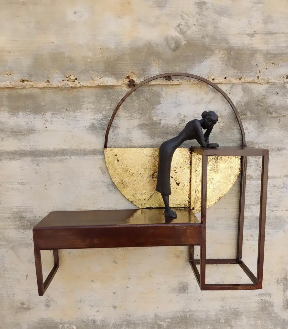 "A Room of One's Own" bronze table mural sculpture figurative girl reading book