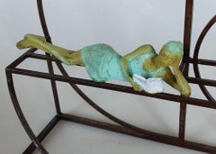 "Adventure" bronze table mural sculpture figurative girl reading book carefree