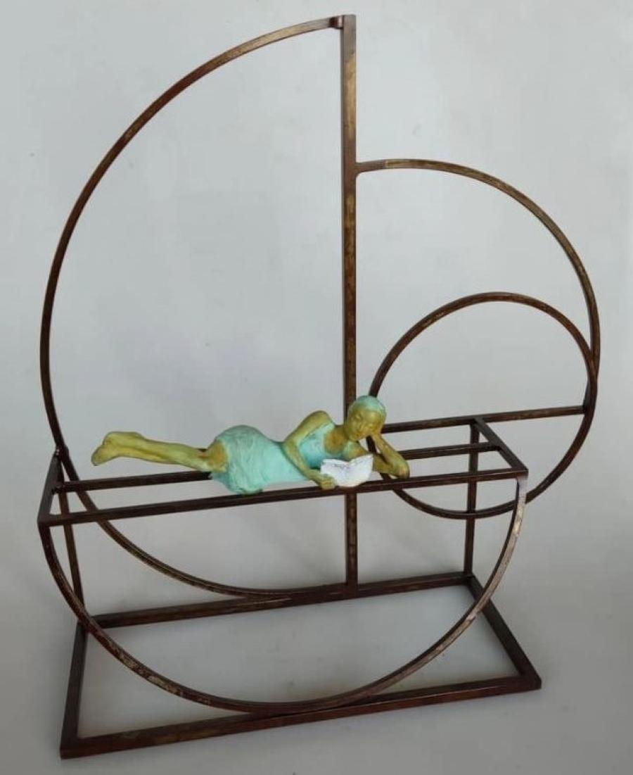 Joan Artigas Planas Figurative Sculpture - "Adventure" bronze table mural sculpture figurative girl reading book carefree