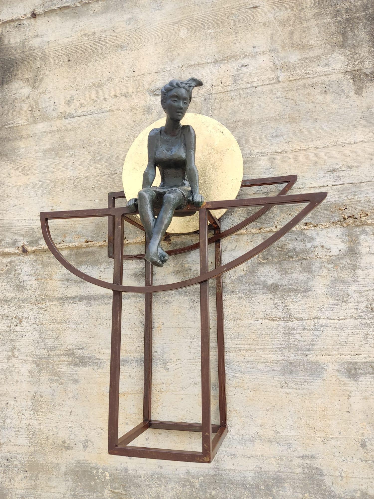 "Barcarola" contemporary bronze table and wall sculpture figurative girl calming
