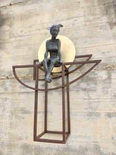 "Barcarola" contemporary bronze table and wall sculpture figurative girl calming