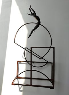 "Bauhus" contemporary bronze table, mural sculpture figurative girl freedom