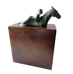 "Crossing the River " contemporary bronze table sculpture girl love horse animal