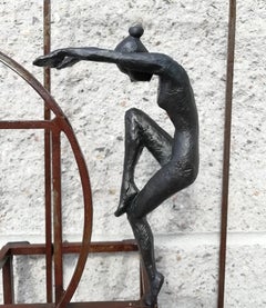 "Faune" contemporary bronze table, mural sculpture figurative girl stretching