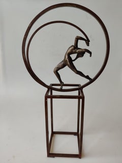 "Life" contemporary bronze table, mural sculpture figurative girl relax dance