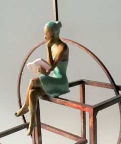"Literature II" contemporary bronze table mural sculpture figurative girl book