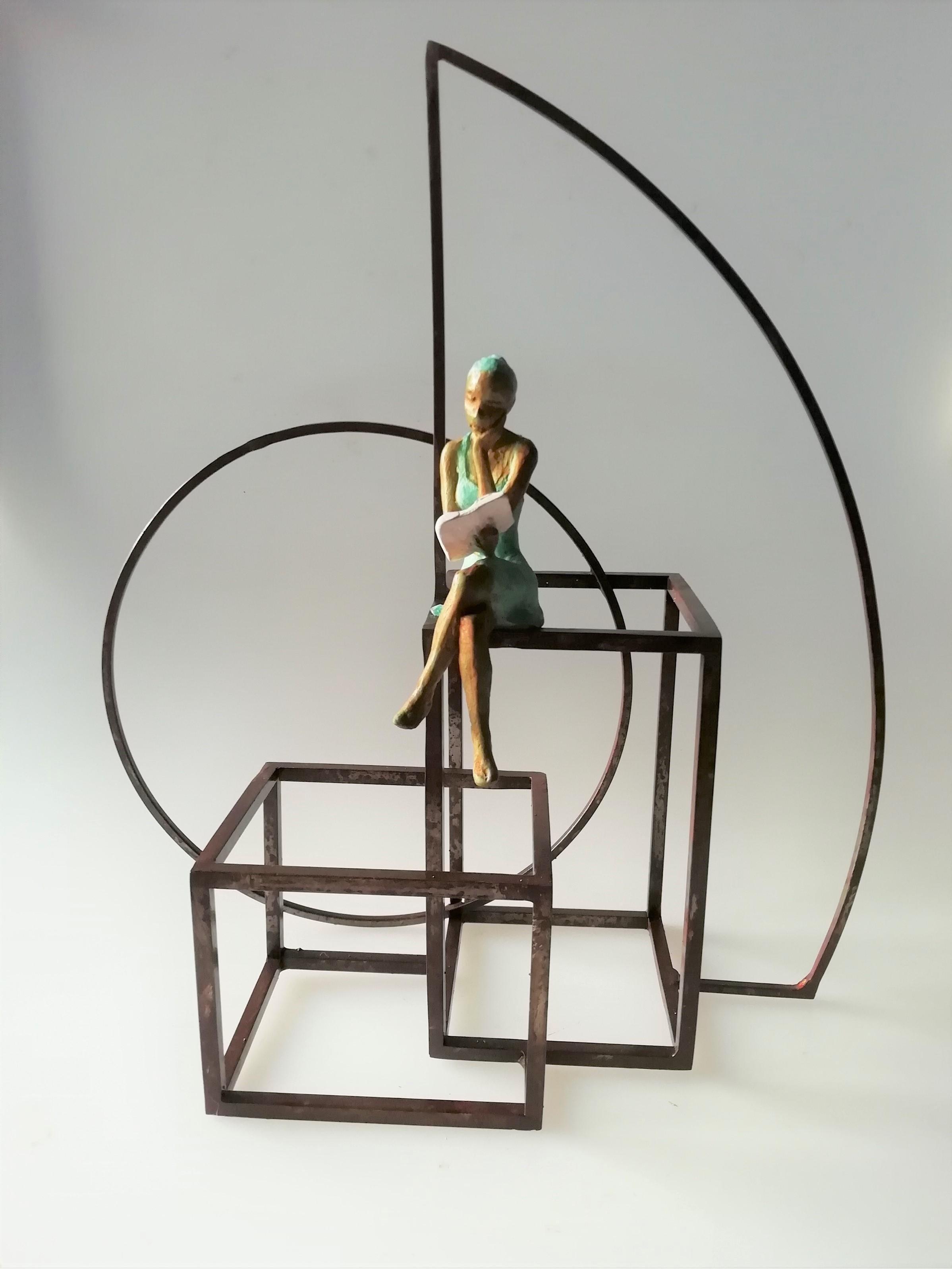 Joan Artigas Planas Figurative Sculpture - "Literature II" contemporary bronze table mural sculpture figurative girl book