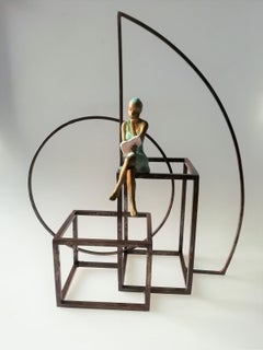 "Literature II" contemporary bronze table mural sculpture figurative girl book
