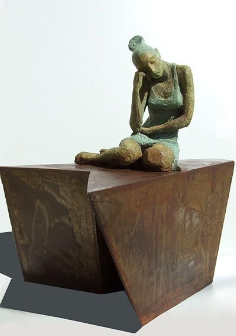 "Little Mermaid" contemporary bronze table sculpture figurative girl thinking 