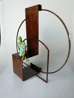"Prose II" contemporary bronze table mural sculpture figurative girl read book