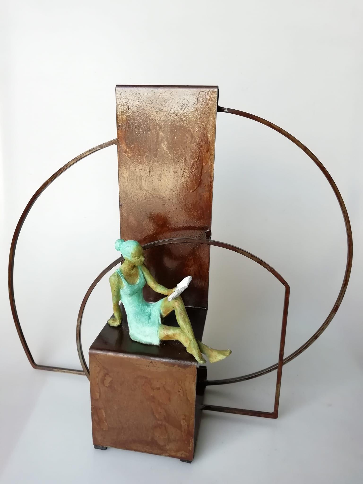 "Prose II" contemporary bronze table mural sculpture figurative girl read book