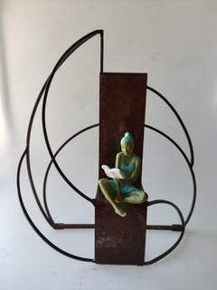 "Rose & Prose" contemporary bronze table, mural sculpture figurative reading 