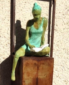 "Sensibility" bronze table mural sculpture figurative girl reading book me time