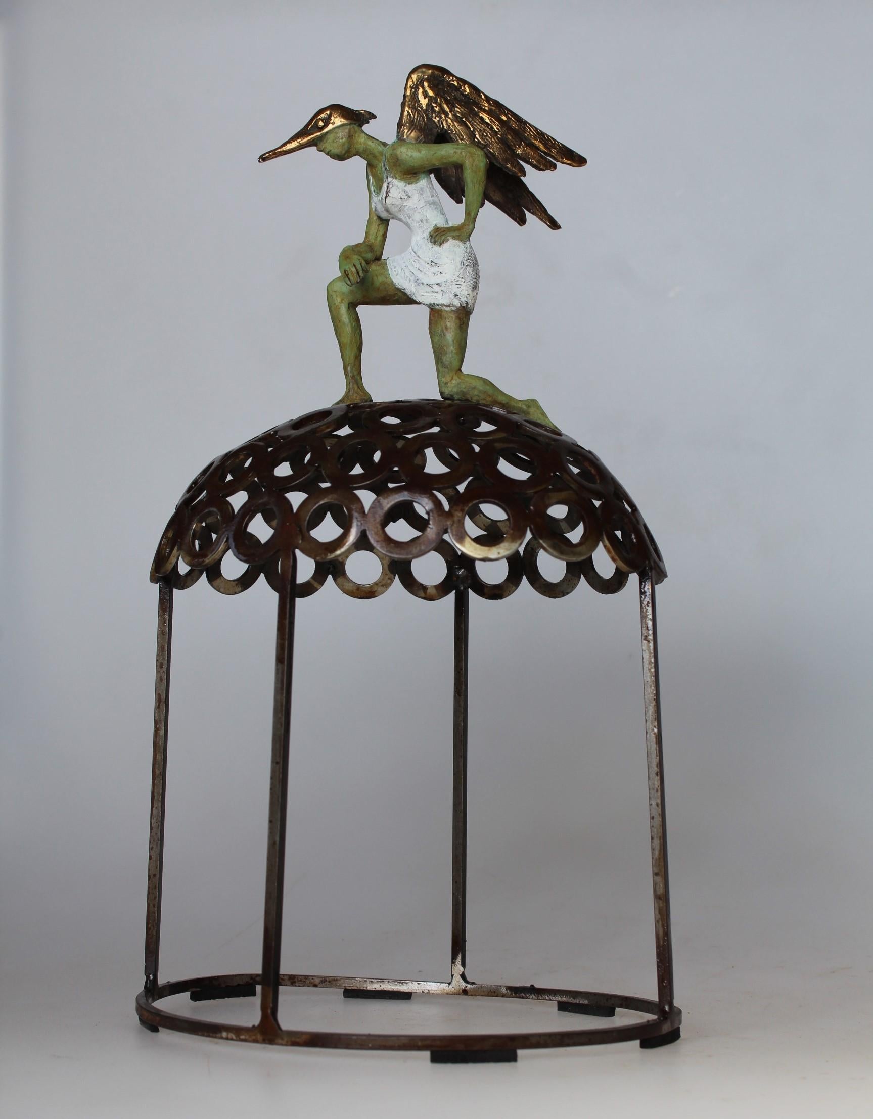 "Super Lady" contemporary bronze table sculpture figurative liberty strength fly