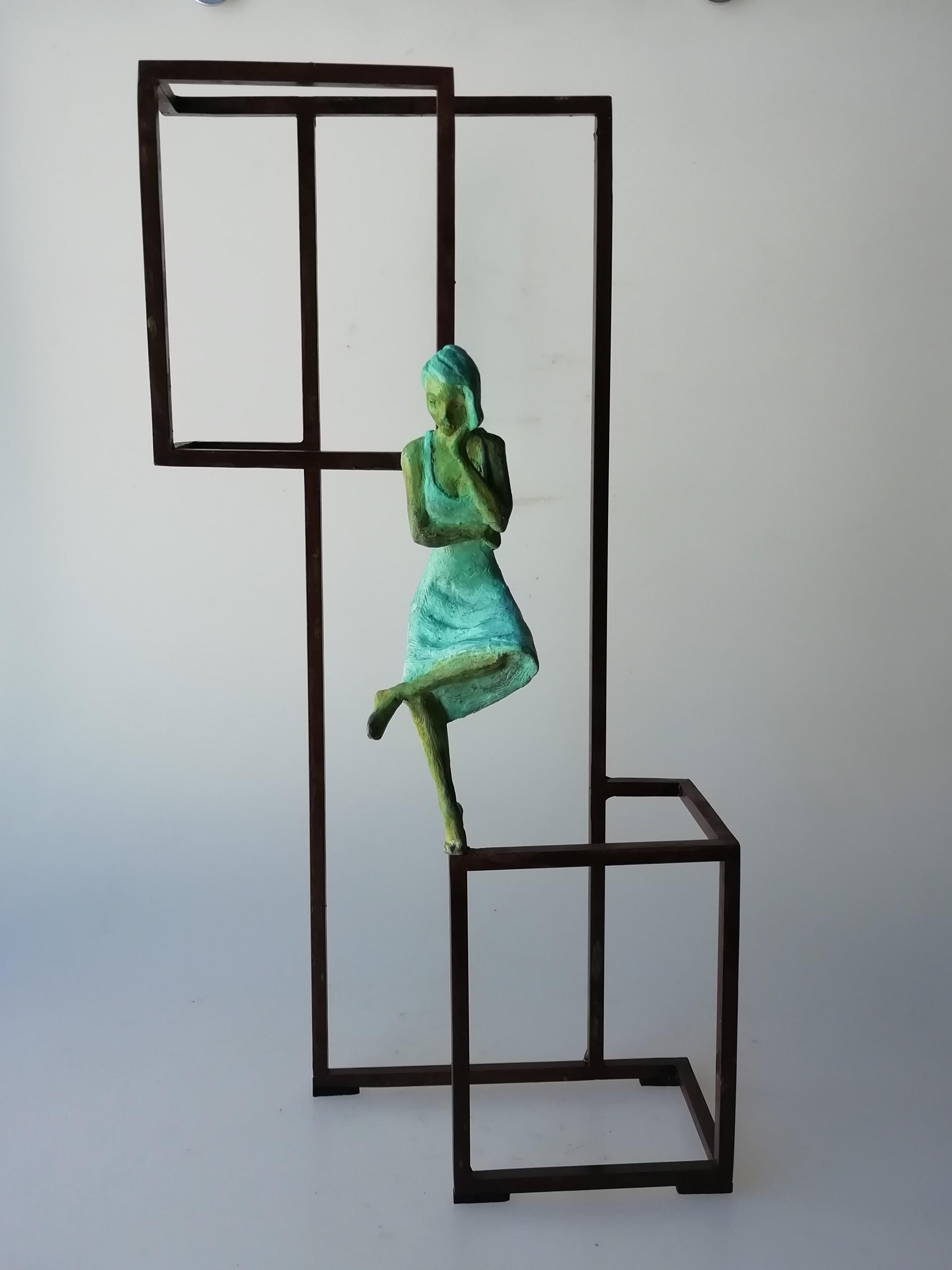 Joan Artigas Planas Figurative Sculpture - "Thinker II" contemp bronze table mural sculpture figurative girl quiet thinking