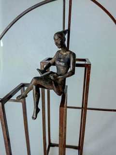 "Thriller" bronze table mural sculpture figurative girl reading book carefree