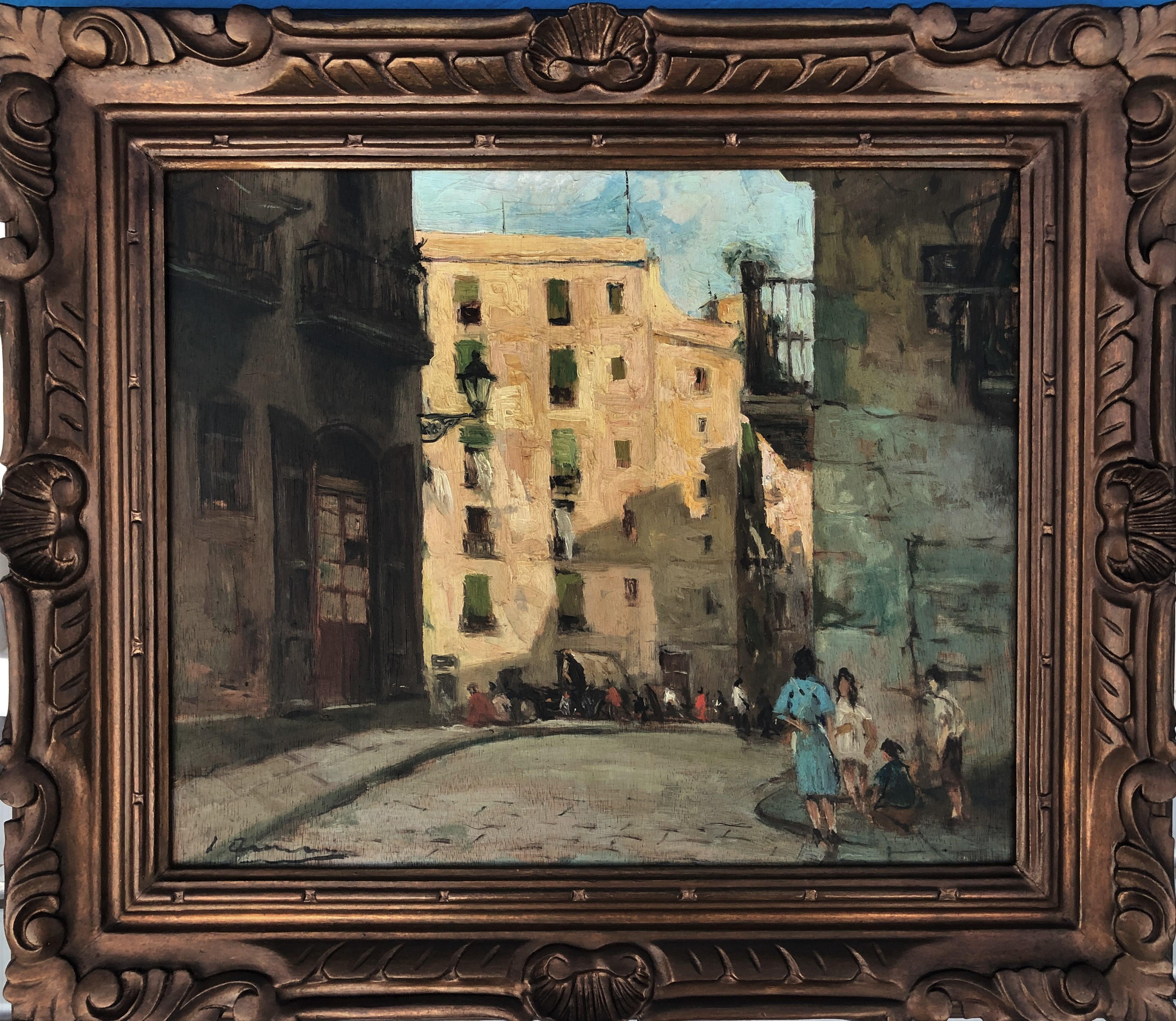 Barcelona view urbanscape Spain oil on board painting - Painting by Joan Asensio Marine