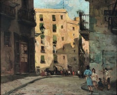 Vintage Barcelona view urbanscape Spain oil on board painting
