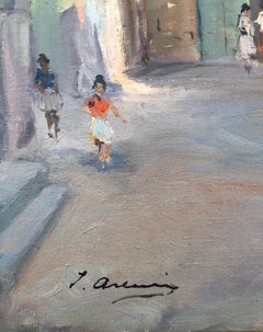 Campanario de un pueblo español óleo sobre lienzo pintura paisaje urbano España