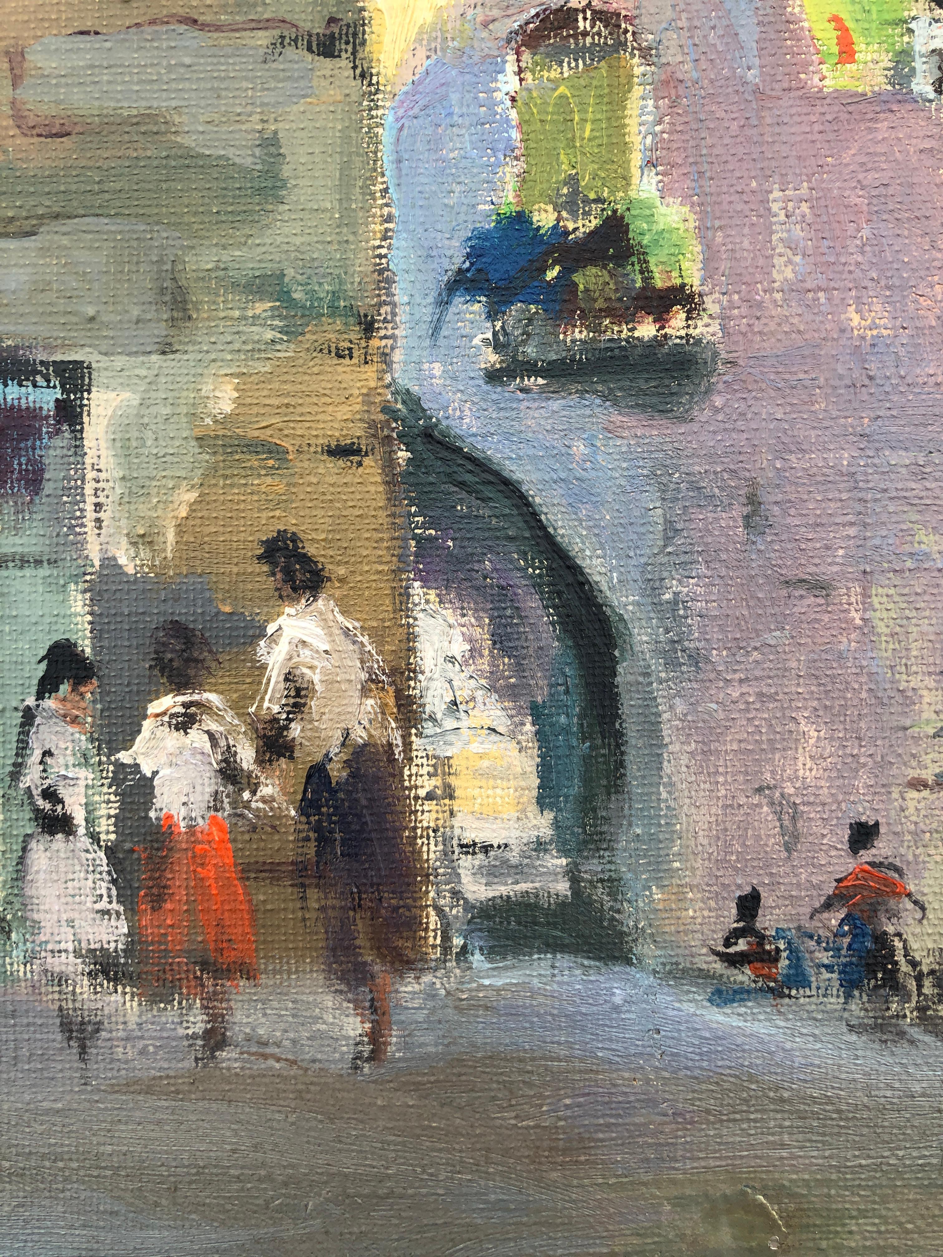 Campanario de un pueblo español óleo sobre lienzo pintura paisaje urbano España - Landscape Painting Gris de Joan Asensio Marine